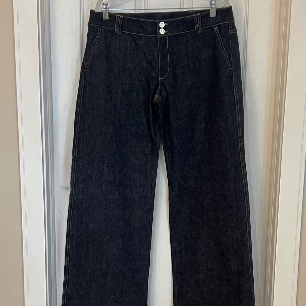 St. John DESIGNER denim blue jeans trousers pants Size 12 MINT! NWOT navy L XL